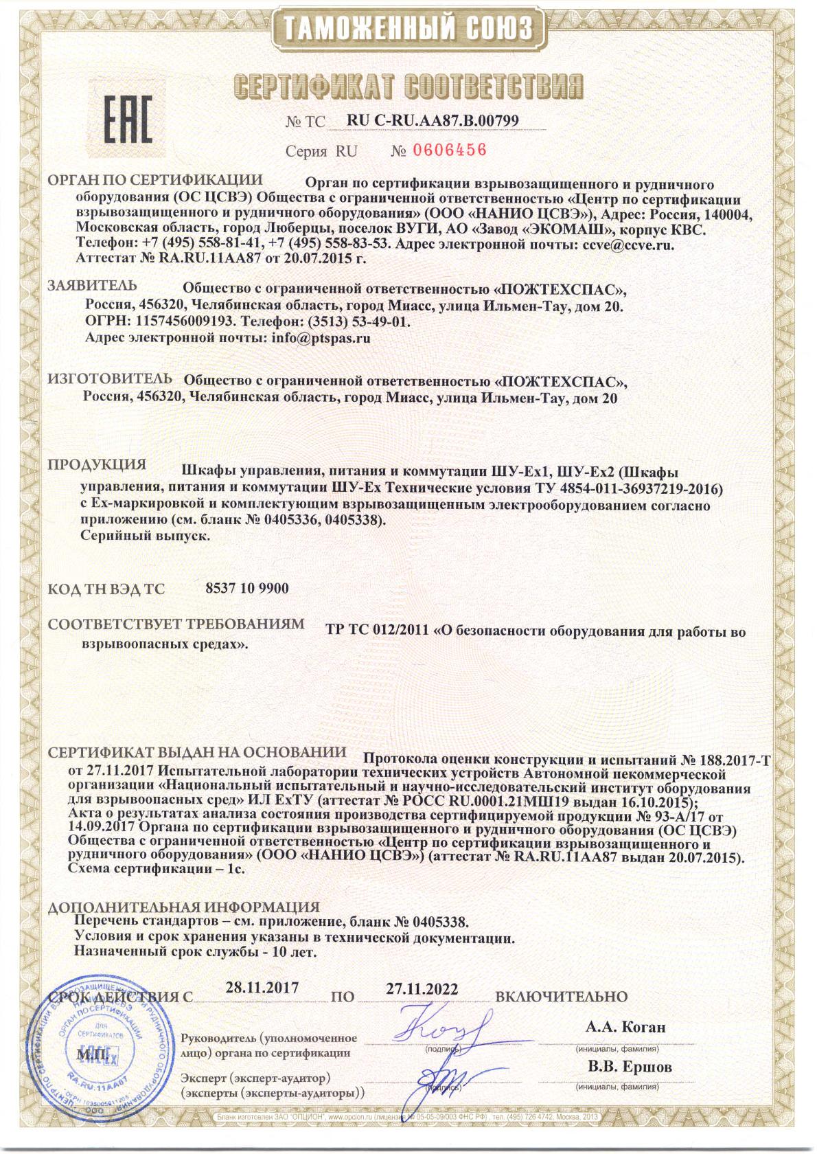 Сертификат соответствия Таможенного союза Шкафы управления, питания и коммутации 